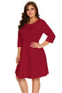 Burgundy Scalloped Neckline 3/4 Sleeve Skater Dress